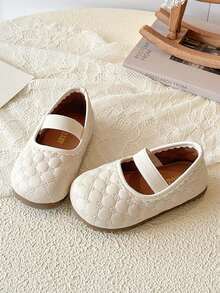 1 Pair Girls' Diamond Quilted Embroidered Mary Jane Shoes, Soft Sole Anti-Slip Princess Leather Shoes - Beige - View 1