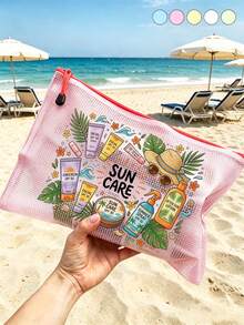 「SUN CARE」印花時尚防水 PVC 沙灘包，彩色字母印花，A4 尺寸，透明化妝包配尼龍拉鍊，適合游泳、潛水與夏季度假，輕量，年輕成人通用，沙灘包配件，旅行必需品，旅行配件，假期必需品，假期旅行包 - 彩色 - 查看 9