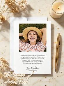 Customizable Photo & Text Graduation Thank You Card, Minimalist Handwritten Heart Line White Matte Photo Thank You Card, Thick & Delicate Cardstock, Sturdy & Non-Bending, Top & Bottom Divided Layout With Blank Space, Upload Your Own Portrait Photo, Customize Name, Graduation Year & Thank You Message, Comes With Matching Blank Envelope, Suitable For Graduates, Gift Givers, Banquet Thank You Users, Perfect For Graduation Season Thanking Family & Friends - Multicolor - View 3