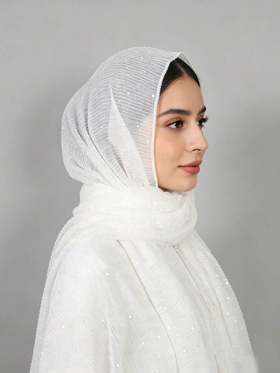 1pc Women's Lightweight Solid Color Sequin Scarf Headwrap Middle Eastern Style Decorative Shawl Sun Protection Suitable For Daily Use