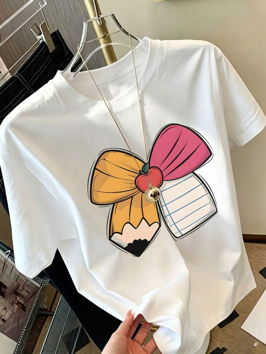 [返校季]Tween女孩 1件印花短袖套頭T恤，學生幼童服飾，夏季送給Tween女孩的禮物 - 白色 - 查看 1