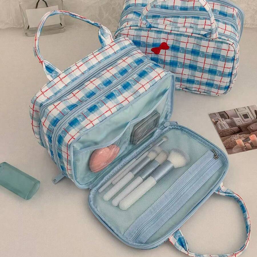 Fresh Blue & Red Plaid Quilted Portable Makeup Bag For Cosmetics And Skincare Storage - Multicolor - View 1