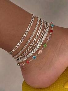 Juego de 6 piezas/set de tobilleras de cadena multicapa dorada con diseño único y elementos de cristal para mujer, adecuado para todas las ocasiones (color de strass, cantidad, método de incrustación aleatorio, textura de hoja aleatoria) - Plateado - Ver 1