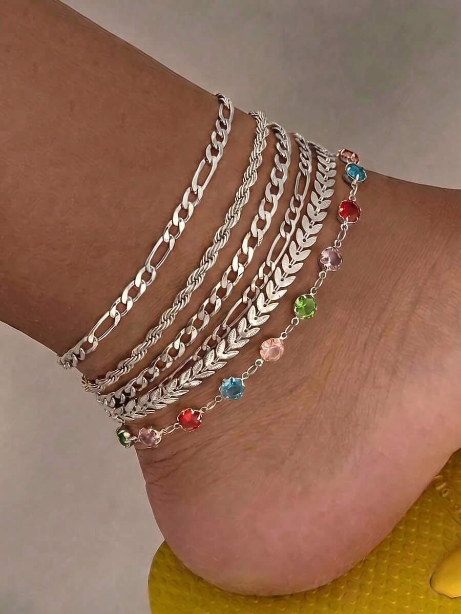 Juego de 6 piezas/set de tobilleras de cadena multicapa dorada con diseño único y elementos de cristal para mujer, adecuado para todas las ocasiones (color de strass, cantidad, método de incrustación aleatorio, textura de hoja aleatoria) - Plateado - Ver 1