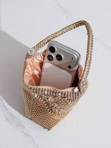 Mini Evening Bag With Rhinestone Decor, Asymmetrical Shape, Small Handbag For Party And Gathering, Lipstick Bag - Champagne - View 8