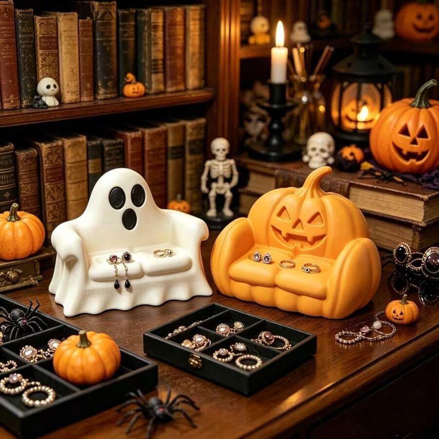 1 Stück 10cm Halloween Geist & Kürbis Sofa Dekoration, süße Neuheit Harz Schmuck Aufbewahrungsschale, gruselige Heimdekoration für Halloween Party & Feiertage - Übersicht 1