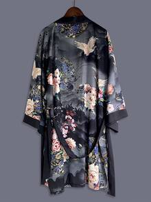 女款短袖和服浴衣，繫帶花卉仙鶴印花設計，3/4袖開領，梭織面料，舒適穿著，黑色秋季款 - 黑色 - 查看 1