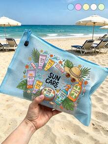 「SUN CARE」印花時尚防水 PVC 沙灘包，彩色字母印花，A4 尺寸，透明化妝包配尼龍拉鍊，適合游泳、潛水與夏季度假，輕量，年輕成人通用，沙灘包配件，旅行必需品，旅行配件，假期必需品，假期旅行包 - 彩色 - 查看 6