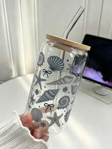 Ocean Shell Iced Matcha Coffee Glass Straw Cup, Can-Shaped Cola Straw Cup, Matcha Straw Cup With Lid - Multicolor - View 2