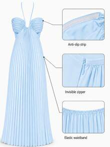 Soulscape Gaun Wanita Ukuran Kecil Warna Biru Muda Berlipit dengan Tali Bahu Tipis, Bagian Dada Berkerut, Punggung Terbuka, Longgar, Gaun Pesta Musim Panas untuk Liburan di Pantai dan Resor yang Elegan - Biru - View 7