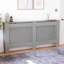 Home Discount Vida Designs Oxford Olive Grey Radiator Cover Heat Protection Adjustable Cross Pattern Design With Wooden Shelf Top Display Hallway MDF Cabinet Easy To Install - Olive Grey - View 2