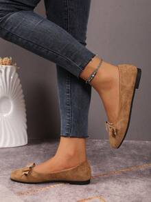 Solid Color Fashion Bow Women's Slip-On Shoes Office Autumn Slouchy Shoes Women's Driving Loafers - Khaki - View 3