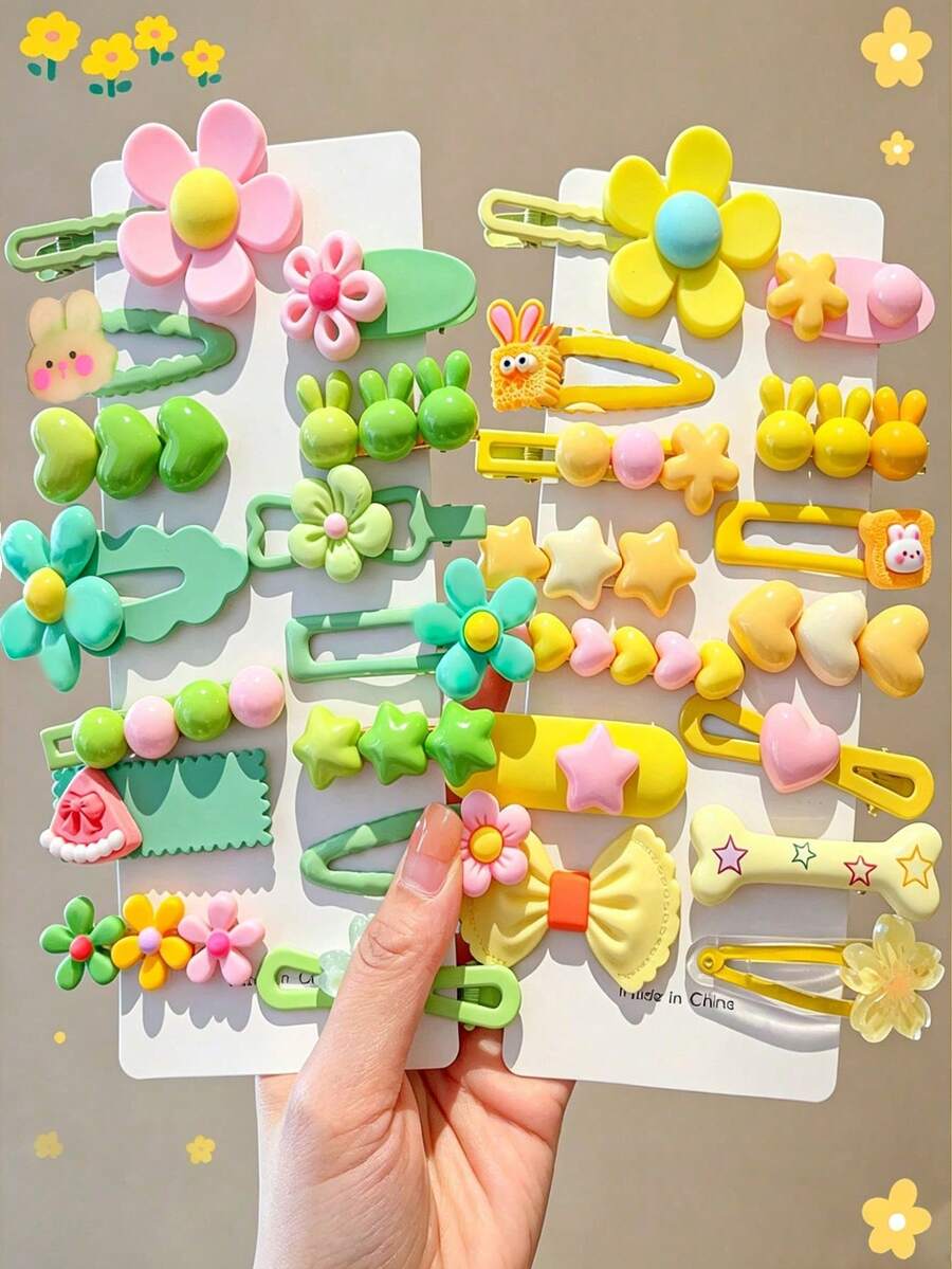 14/28pcs Fresh Sweet Girl Style Cartoon Cute Hair Clips, Suitable For Girls. Flower/Rabbit/Star/Heart/Bow Multi-Style Design, Non-Damaging Hair Accessories, Bangs Clips Side Clips Flyaway Clips, Versatile Daily Accessories - Multicolor - View 1