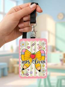 1pc Custom Teacher Name Luggage Tag,Striped Bow Pencil Badge Holder,ID Card Cover,Teacher Appreciation Gift,Back To School,First Of School Staff Tag - Multicolor - View 7