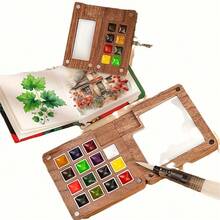 5pcs Mini Acrylic Paint Set, Portable Travel Watercolor Set, 8/15 Grid Palette, Clips, Sketchbook, Brushes, Includes 12 Colors, Wooden Grid Paint Box, Suitable For Painters, Artists - Sets - View 8