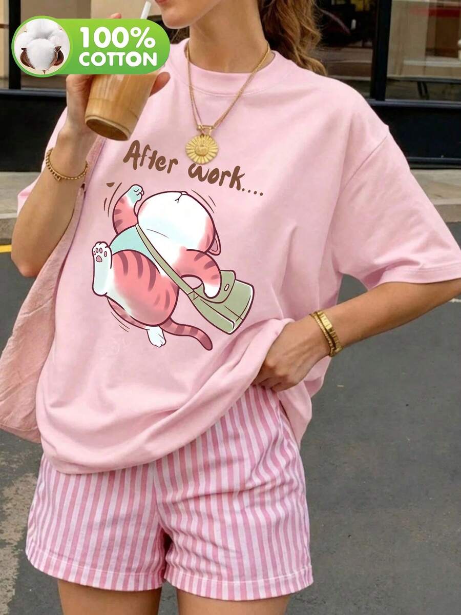 Women'sDailyFat Cat Print After Get Off WorkRound Neck Short SleeveCasualSpring/Fall/SummerT-Shirtoutfits For Womentops For Women - Pink - View 1