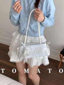1pc Large Capacity Women's Shoulder Bag, Solid Color Fashion Bowling Bag, Zipper Closure, Letter Embroidery Decoration (Star Charm Not Included), Daily Use Bag, Suitable For Young Women - Travel, Shopping, Classroom, Date, Women's Gift, Office, Work, Travel - White - View 2