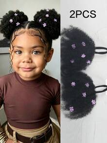 Synthetic 2pcs Luxury Kids Hair Buns Kids Afro Puff Soft Marley Kinky Bulk For Hair Girl With Elastic Children's Wig - Natural Black - View 16