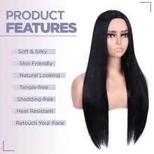 28 Inch Synthetic Long Straight Black Wig For Women Natural Straight Hair Middle Part Synthetic Long Black Wig - Black - View 4