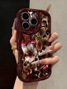 Floral Painted Creamy Wavy Edge Burgundy Flat Printed Anti-Fall Fashion Cute Phone Case Suitable For Ip 17/Ip 17pro/Ip 17promax/Iphone16/Iphone16pro/Iphone16promax/IPhone16plus/ 10cases Anti-Fall New IPhone14IPhnoe15 Anti-Fall P14 Thickened P13 Soft Shell P12 Full Coverage P11 Anti-Fall Creative Phone Case - Multicolor - View 1