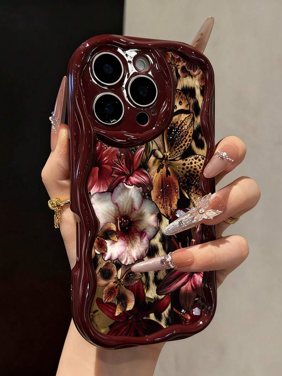 Floral Painted Creamy Wavy Edge Burgundy Flat Printed Anti-Fall Fashion Cute Phone Case Suitable For Ip 17/Ip 17pro/Ip 17promax/Iphone16/Iphone16pro/Iphone16promax/IPhone16plus/ 10cases Anti-Fall New IPhone14IPhnoe15 Anti-Fall P14 Thickened P13 Soft Shell P12 Full Coverage P11 Anti-Fall Creative Phone Case - Multicolor - View 1