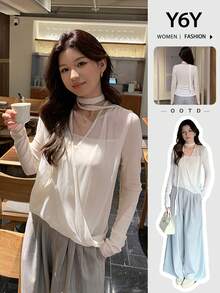Y6Y Desain Musim Gugur Terbaru untuk Wanita, Kaos Leher Halter Jala Berlapis Model Drape 2 In 1 Lengan Panjang, Warna Putih - Putih - View 9
