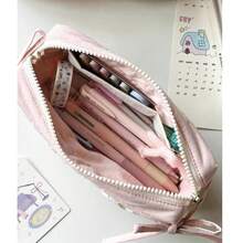 1 Cute Polka Dot Bow White Pink Large Capacity Zipper Pencil Case Student Stationery Storage Bag Multi-Functional Fabric Storage Bag - Perfect For Back To School Season - Polka Dot Bow Pencil Case - View 9