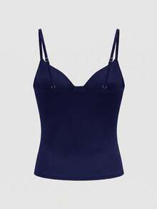 Glossy Fabric Knitted Satin Stretch Cami Sexy Tank Top Casual Summer - Navy Blue - View 2