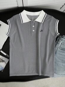 夏季通勤優雅 Polo 領撞色刺繡灰色百搭套頭短袖針織上衣，春夏約會度假日常街拍購物穿搭 - 灰色 - 查看 6