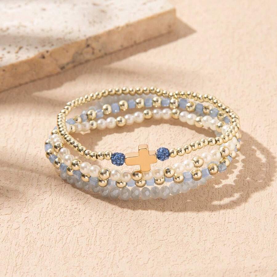 4pcs Luxury Gentle Elastic Bracelet Set, Beige Beads With Transparent Light Blue Faceted Cross Pendant, Elastic Cord Fits All Wrist Sizes, Versatile For Daily Commute, Date, Gentle Style Niche Women's Jewelry - 4pc Cross - View 1
