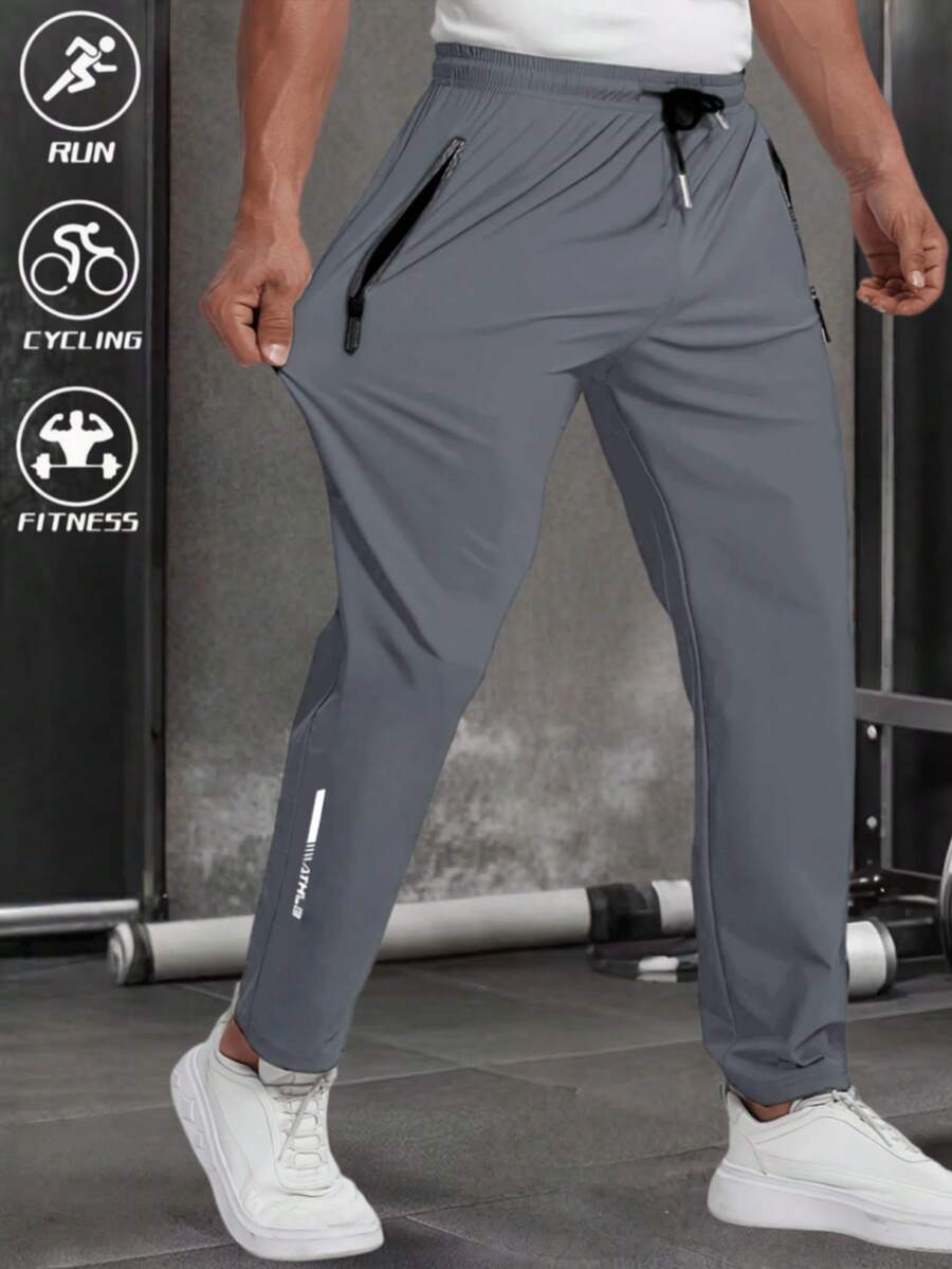 Men's High Elasticity Fitness Casual Daily Knit Fabric Black Pants, Solid Color Design, Fabric, Loose Fit, With Zipper Pockets Sweatpants - Sports - Dark Grey - View 1
