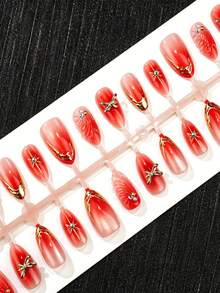 10pcs Medium Almond Shaped Fake Nails, Red Nude Glitter Cat Eye Gold Metallic Bow Star Rhinestone Pearl Decor, Removable Waterproof Press-On Nail Set, Suitable For Bride, New Year, Party, Date - 紅色 - 查看 3