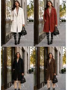 Women's Long Wool Coat, Parka, Or Overcoat, Elegant And With Front Button Closure. - 赤陶紅 - 查看 3