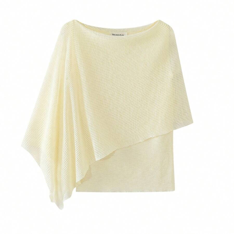 Summer Gentle Slouchy Asymmetrical Knit Sweater Solid Color Faux Two Pieces/Deconstructed T-Shirt For Evening Date, Daily Wear, Vacation - Light Yellow - View 1
