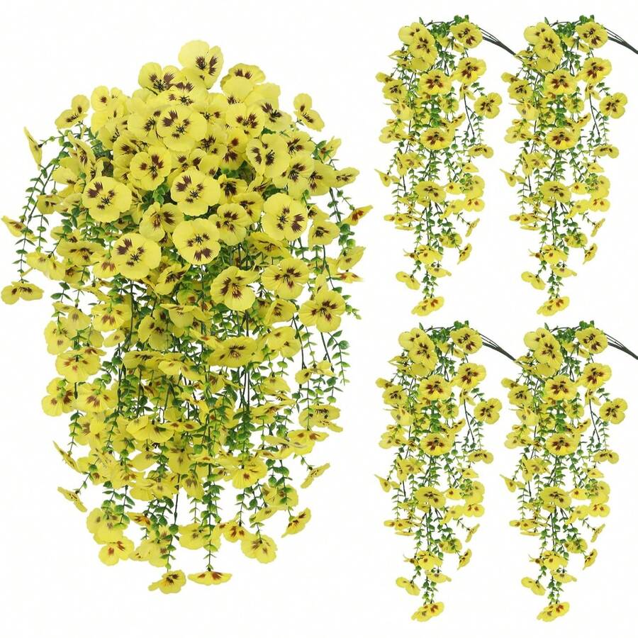 1pc Outdoor Artificial Flower Hanging Decor, Eucalyptus Silk Pansy Vine, UV Resistant, Green Plant, Anniversary, Graduation, Wedding Party, Home Office, Porch, Garden Yard Wall, Spring Summer Decoration - Yellow - View 1