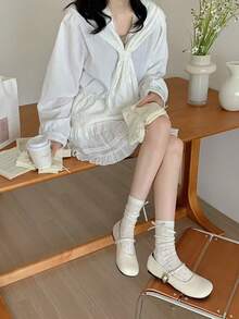 芭蕾風緞帶蝴蝶結疊層女款夏季薄款鏤空花卉中筒襪 百搭學生薄襪 - 彩色 - 查看 2
