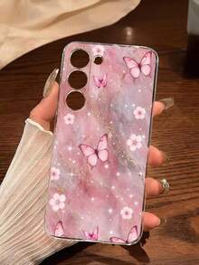 1pc Fashion Creative Pink Gold Marble Pattern Flower Butterfly Transparent Soft Protective Case Compatible With Huawei Honor Galaxy A04e/12/A13/A14/A34/A50/A52/A53/A54/S21/S22/S23/S24/S25/S25Ultra/S25FE/S26/S26 PLUS/S26 ULTRA/S26 EDGE/ 6A/7A/8A/ 12T/13T/15T/15 TPRO[International Version Not Local Version] - Clear - View 7