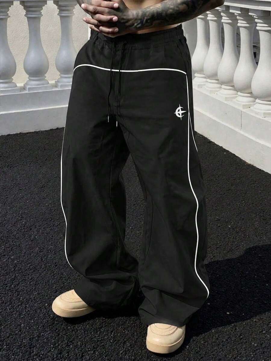 Fractyr Men's Black Drawstring Pants, American Style White Stripe Print Drawstring Elastic Waist Loose Fit Long Pants, Casual Pants For Everyday Wear - Black - View 1