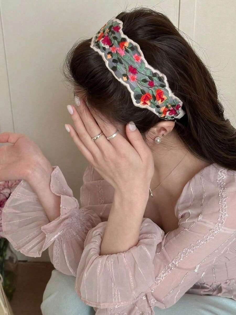 1件网纱花卉刺绣发箍,波西米亚乡村风格宽防滑发箍,适合各种场合 - 彩色 - 查看 1