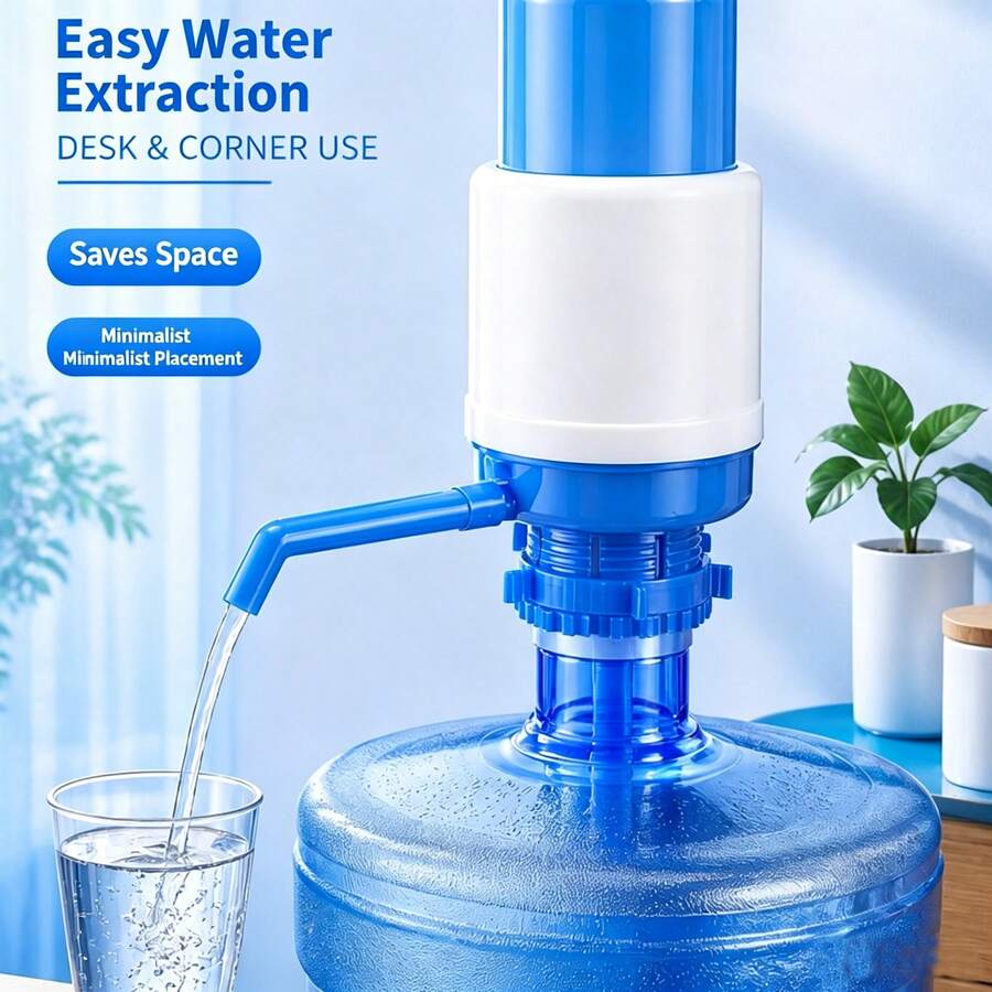 1個手動水瓶幫浦 - 藍色手動飲水機，健康補水，家用與商用級可調節桶裝幫浦，易於使用的手動飲水機幫浦，附超短管與瓶蓋手動壓力飲水機幫浦，適用於大多數飲水機和水桶，日常、日常生活、生活必需品、夏季、派對、省力、簡單、供水、家居必需品