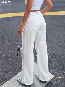 Jeans casuales de mujer de cintura baja, blancos, holgados, con patchwork de encaje y efecto desgastado, para otoño - Blanco - Ver 7
