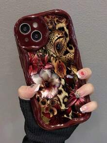 Floral Painted Creamy Wavy Edge Burgundy Flat Printed Anti-Fall Fashion Cute Phone Case Suitable For Ip 17/Ip 17pro/Ip 17promax/Iphone16/Iphone16pro/Iphone16promax/IPhone16plus/ 10cases Anti-Fall New IPhone14IPhnoe15 Anti-Fall P14 Thickened P13 Soft Shell P12 Full Coverage P11 Anti-Fall Creative Phone Case - Multicolor - View 4