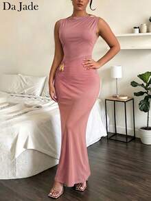 Da Jade Women Elegant French Asymmetrical Neck Sleeveless Metal Decor Twist Knot Bodycon Maxi Dress Slim Fit Party Festival Vacation Vintage Aesthetic Outfit - Pink - View 6