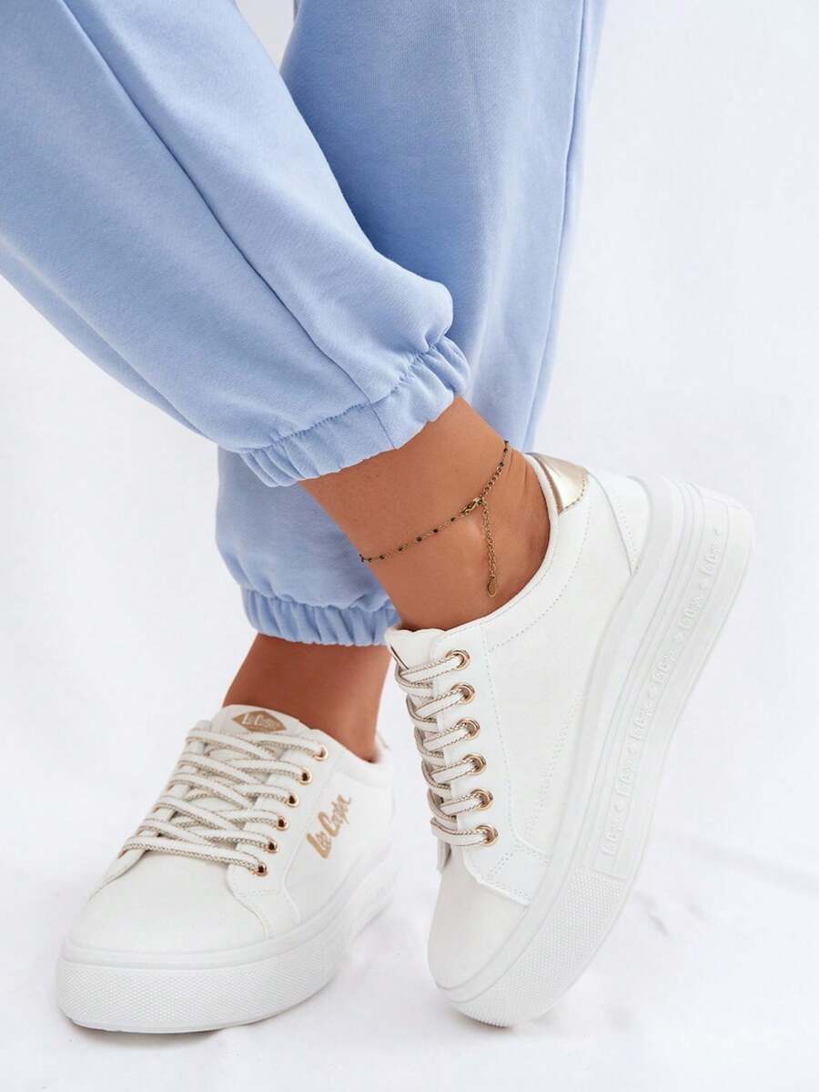 LeeCooper Women's Sneakers On The Platform Comfortable, Fashionable, Urban, With Elegant Lacing And Gold Thread LCW-26-44-4478 White Black - White - View 1