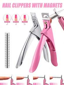 Pink/Silver Adjustable Nail Clippers With 15 Magnets And Size Ruler, Stainless Steel Fake Nail Tip Scissors, Suitable For Acrylic/Fake Nails, Sharp Nail Tools, Salon Nail Supplies, Women/Girls Gift, Back To School Season, Nail Clippers, Nail Supplies - Multicolor - View 2