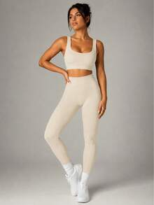 Fitness Set In Ribbed, Thick Polyamide - Top And Leggings - High Compression - Crema - Ver 3