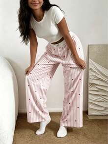 Nina Bonheur 1pc Women Striped Elastic Waist Wide Leg Lounge Pants - Pink - View 5