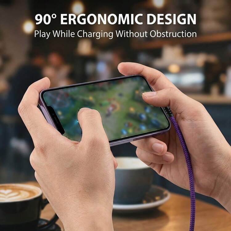 Kabel Type-C ke Type-C Sudut Kanan 90° dengan Jalinan, Kompatibel dengan , Seri Apple/ dan Perangkat Lainnya, Pengisi Daya Smartphone - Merah - View 5