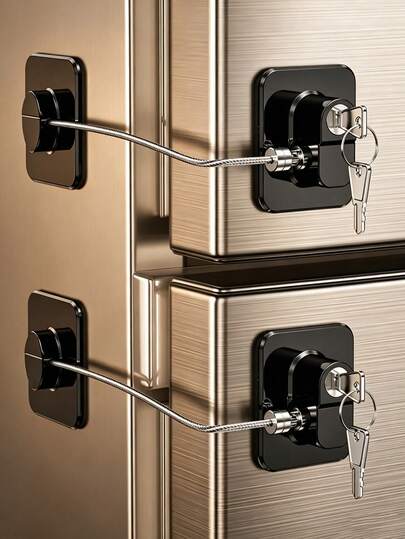 1pc Self-Adhesive Key Lock, No-Drill Self-Adhesive Refrigerator Cabinet Lock, Anti-Opening Storage Door Lock, Easy Install Steel Cable Safety Lock, Suitable For Refrigerator, Drawer, Window, Dishwasher, Cabinet
