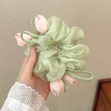 1件綠色森林系鬱金香髮圈，溫柔花卉髮帶，髮髻髮飾，百搭高馬尾髮繩，精緻髮飾 - 綠色 - 查看 1